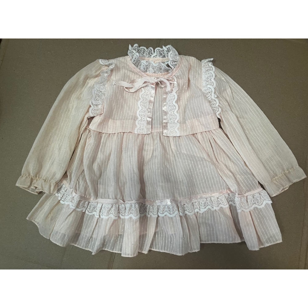 Vintage Peaches n Cream Pink Lace Swiss Dot Dress 2T USA cottage boho
